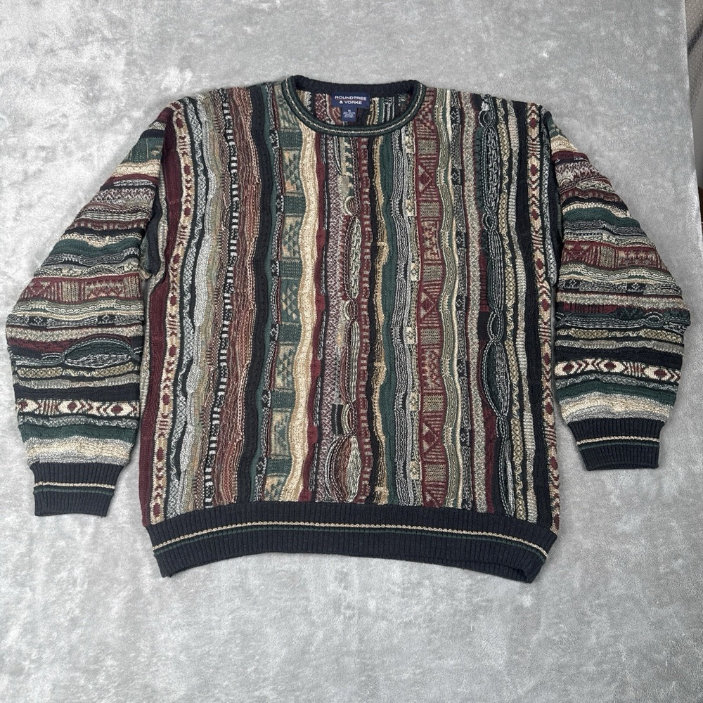Roundtree & Yorke Men XL Coogi Style Sweater 3D Textured Knit Multicolor Vtg 90s